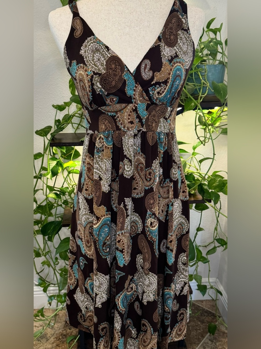 Brown Paisley Maxi Dress with Teal Accents